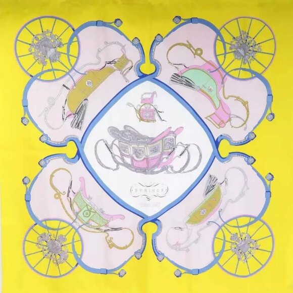 Auth HERMES Carre 90 SPRNGS Scarf Yellow/Multicolor Silk - Picture 1 of 16